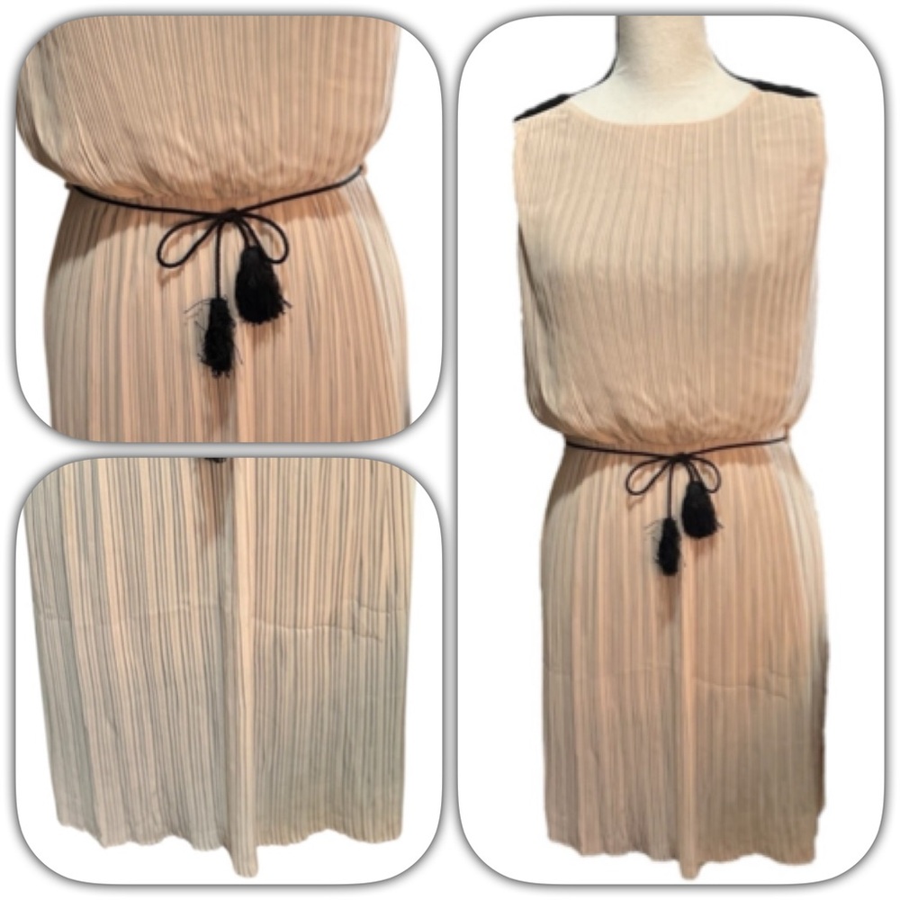 Jennifer Lopez Elegant Pleated Cream Sleeveless Dress with Tie Belt Sz S